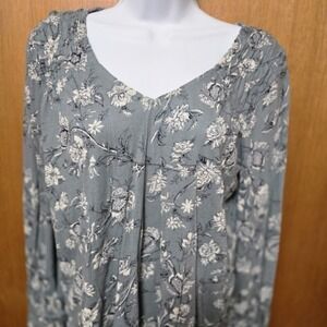 Lucky Brand Floral V-Neck Long Sleeve Top with Tie Cuffs Blue Grey Boho M